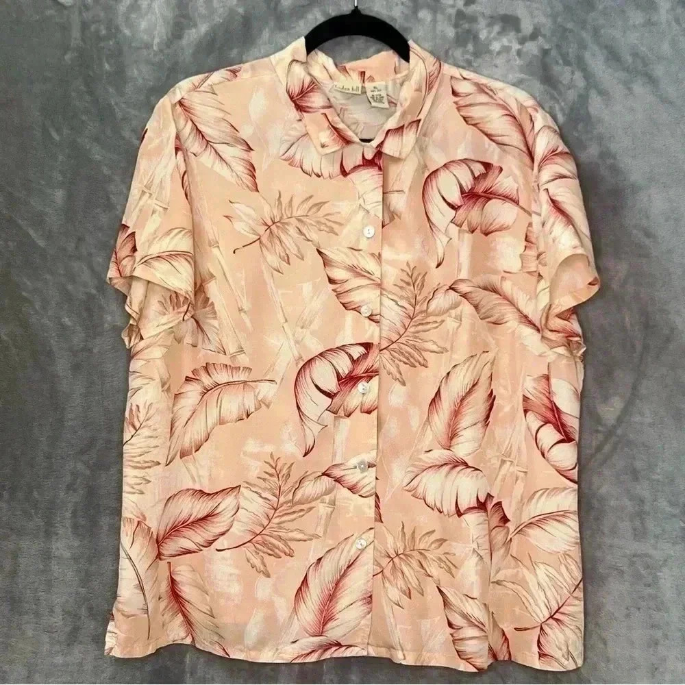 Linden Hill Hawaiian‎ Shirt Blouse Silk Short Sleeves Palms Leaves Sz XL